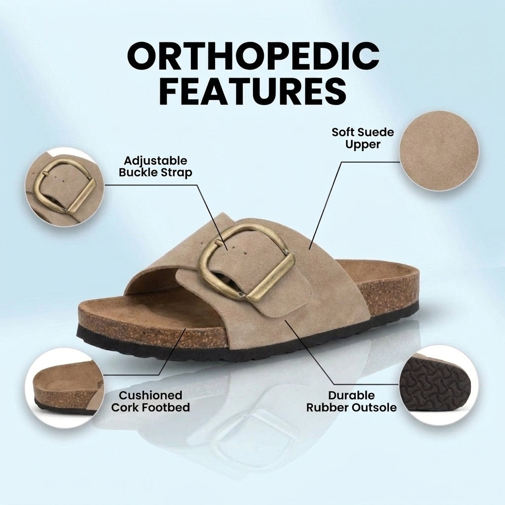 Orthopedic Leather Cork Slide Sandals - Oversized Buckle Detail