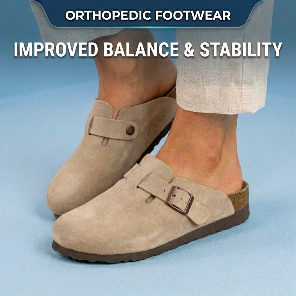 Orthopedic Suede Cork Footbed Clogs - Single Buckle Detail