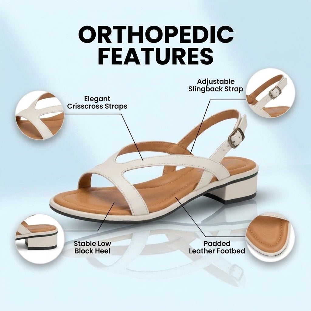 Orthopedic Leather Low-Heel Sandals - Geometric Cutout Strap