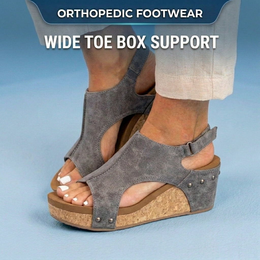 Orthopedic Leather Studded Platform Wedges - Cork & Cutout Design