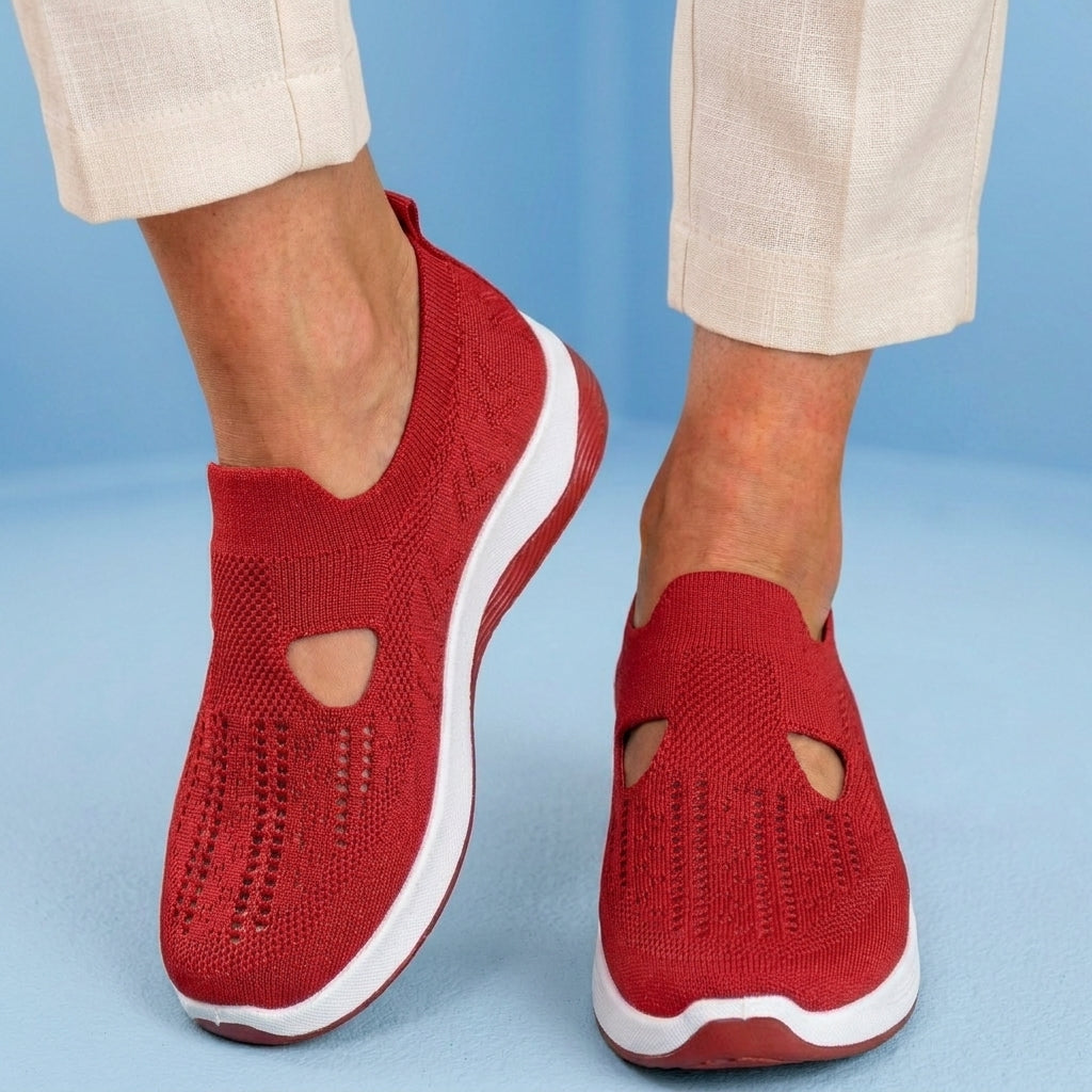 Orthopedic Knit Slip-On Wedge Sneakers - Cutout Teardrop Design & Rocker Sole
