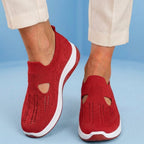 Orthopedic Knit Slip-On Wedge Sneakers - Cutout Teardrop Design & Rocker Sole