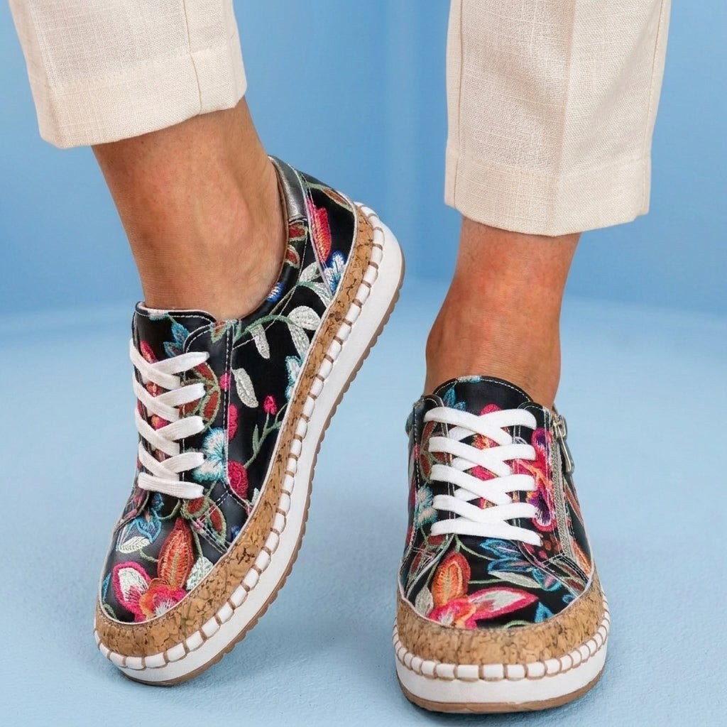 Orthopedic Canvas Espadrille Sneakers - Embroidered Floral Pattern & Cork Trim Detail