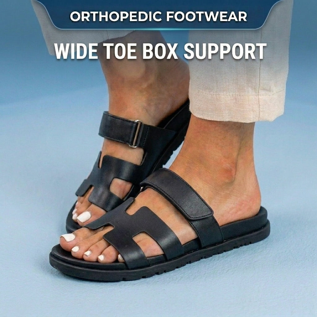Orthopedic Leather H-Strap Slide Sandals - Adjustable Buckle Closure