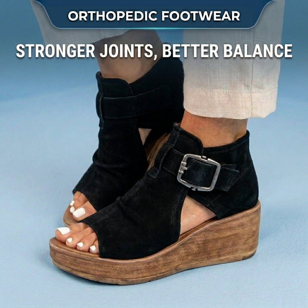 Orthopedic Leather Platform Sandals - Double Buckle Ankle Strap