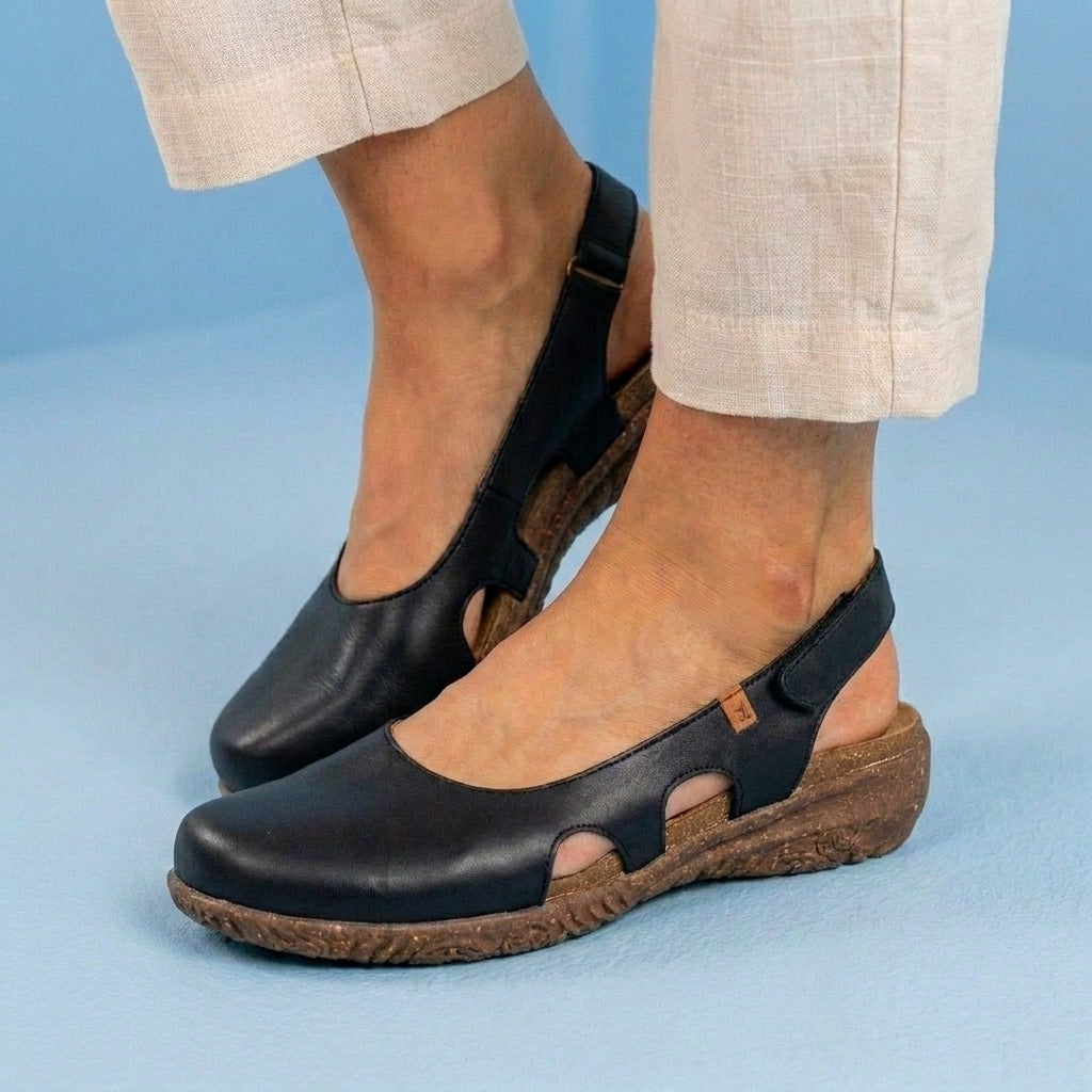 Orthopedic Leather Peep-Toe Flats - Side Cutout Detail