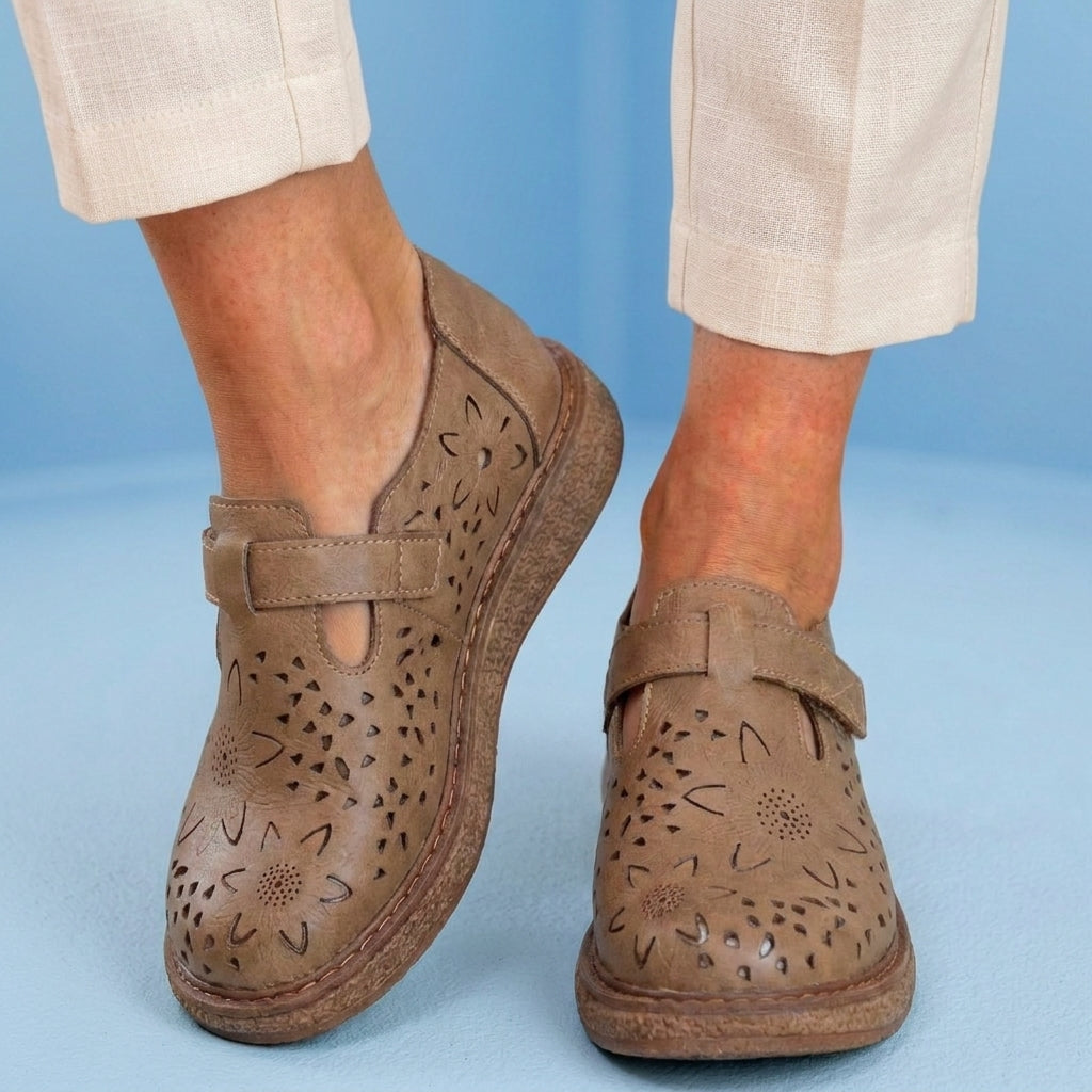 Orthopedic Leather Perforated Mary Janes - Floral Cutout T-Strap