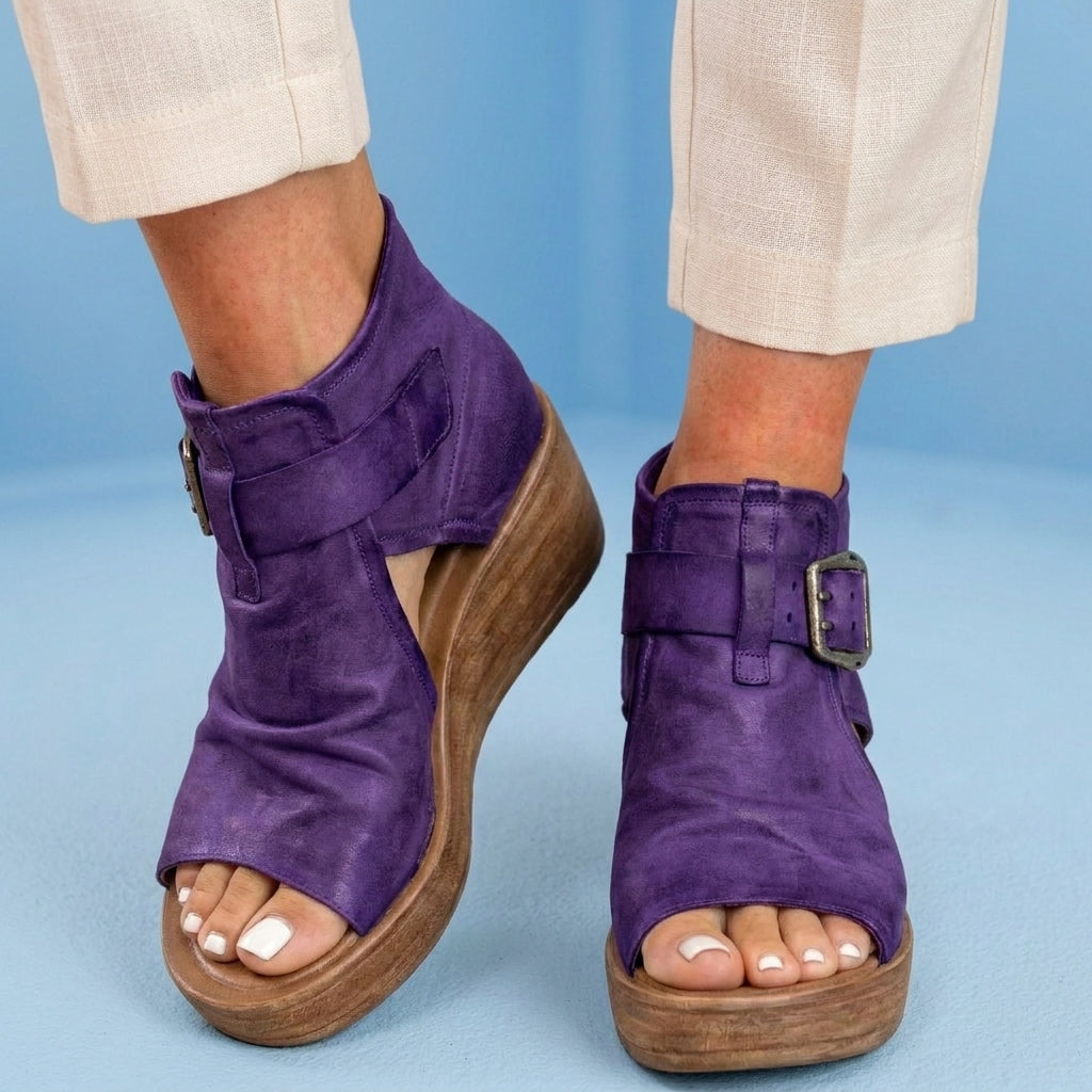 Orthopedic Leather Platform Sandals - Double Buckle Ankle Strap