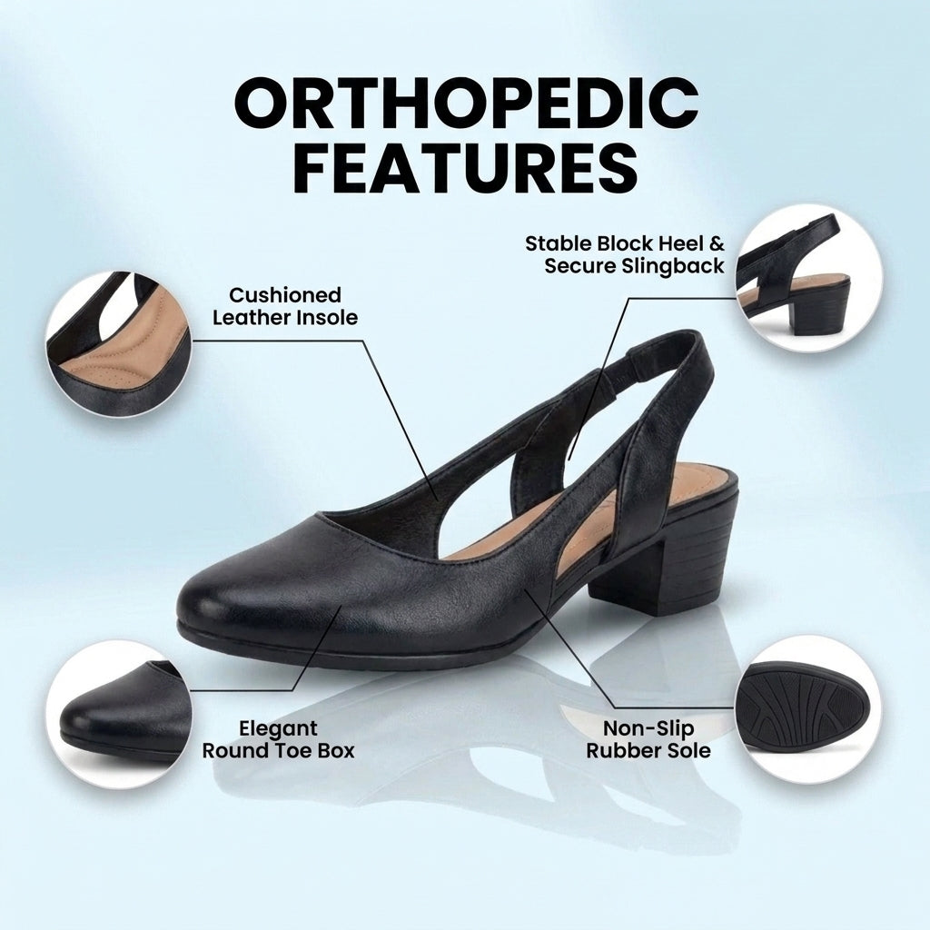 Orthopedic Leather V-Cut Block Heel Pumps - Topstitch Detail