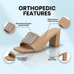 Orthopedic Raffia Block Heel Mules - Crystal Circle & Square Embellishment
