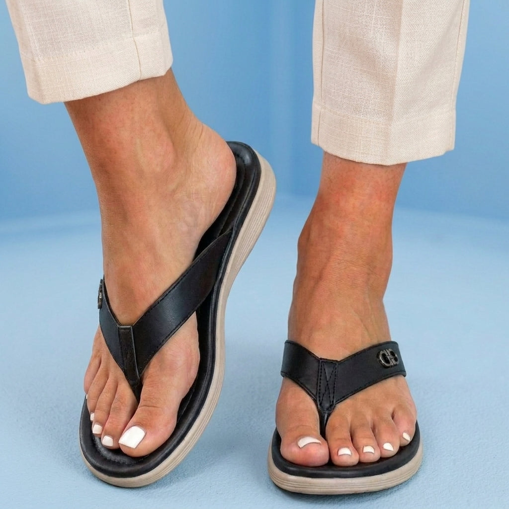 Orthopedic Leather Flip Flops - Thong Style Design & Gold Accent Hardware