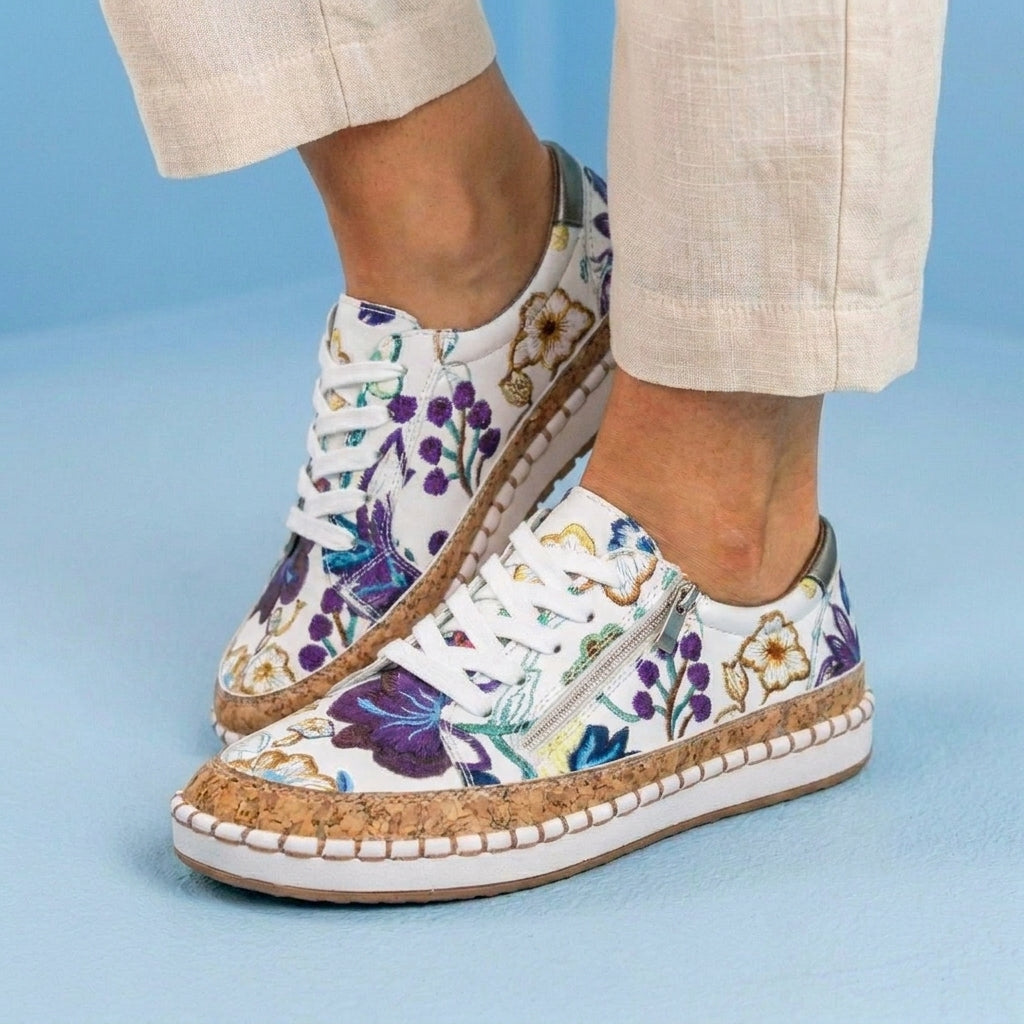 Orthopedic Canvas Espadrille Sneakers - Embroidered Floral Pattern & Cork Trim Detail