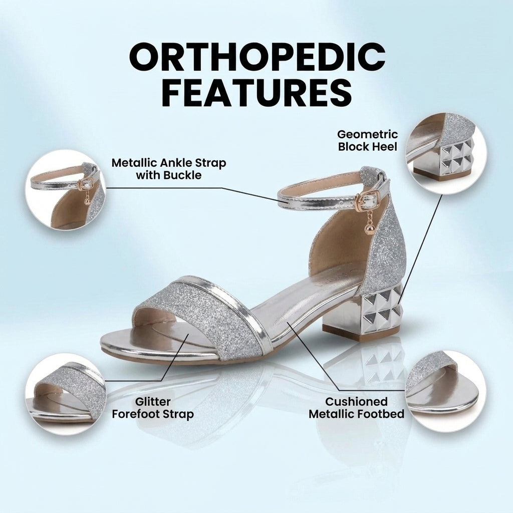 Orthopedic Glitter Ankle Strap Sandals - Metallic Accent & Studded Low Heel