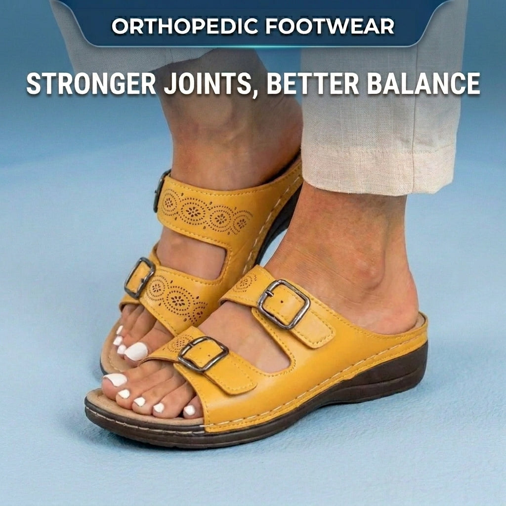 Orthopedic Leather Platform Slide Sandals - Double Buckle Perforated Design