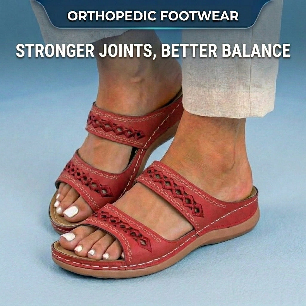 Orthopedic Leather Braided Slide Sandals - Triple Strap Woven Detail