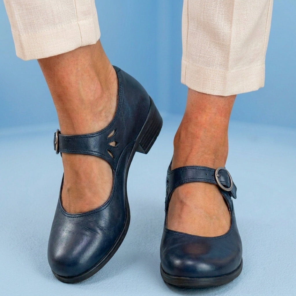 Orthopedic Suede Mary Jane Block Heels - Ring Buckle & Cutout Detail