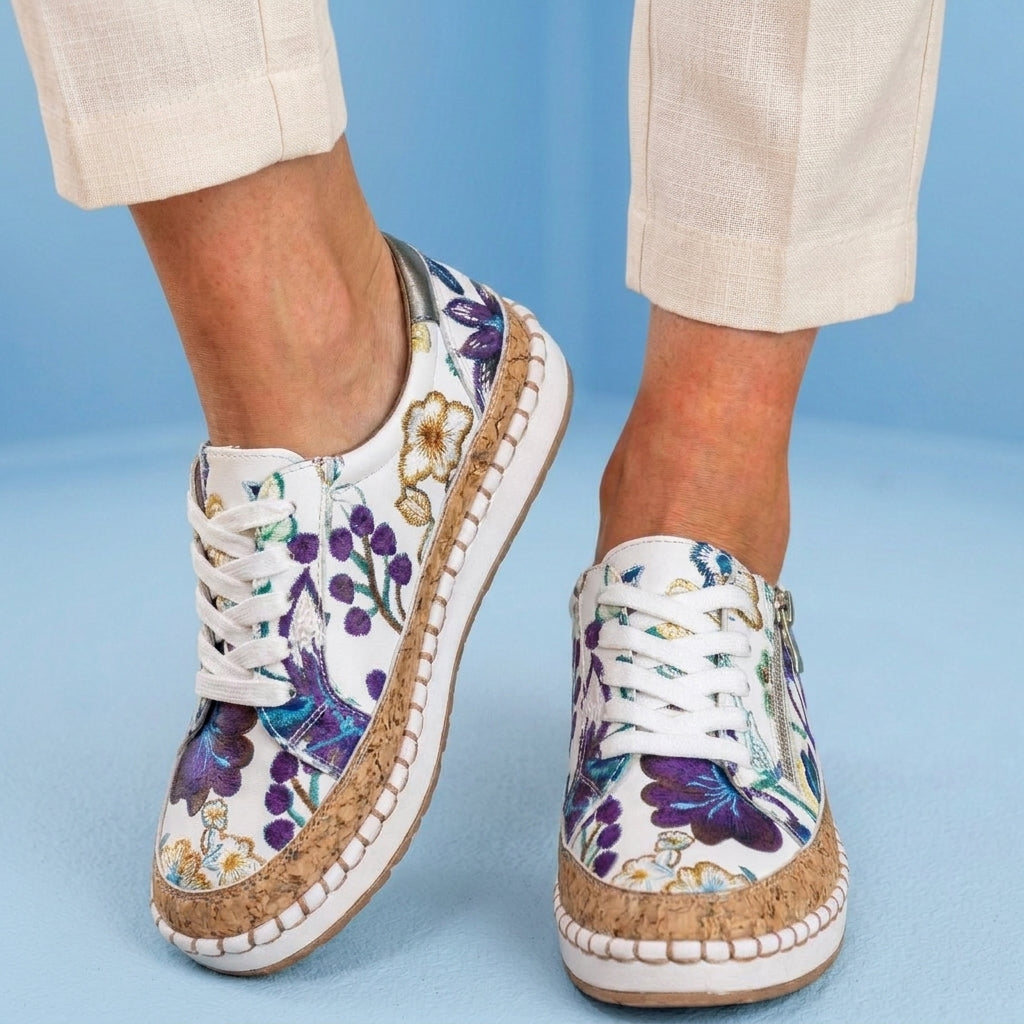 Orthopedic Canvas Espadrille Sneakers - Embroidered Floral Pattern & Cork Trim Detail