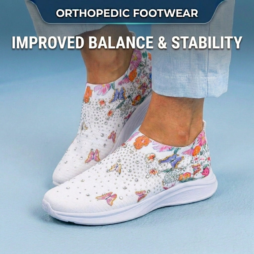 Orthopedic Knit Slip-On Sneakers - Butterfly & Floral Print & Crystal Embellishments