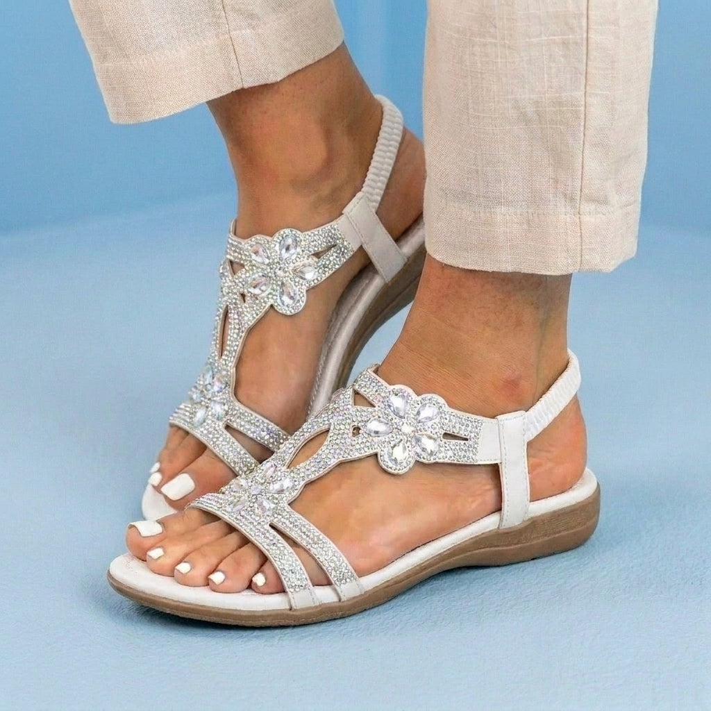 Orthopedic Embellished Wedge Sandals - Rhinestone Floral & Elastic Slingback