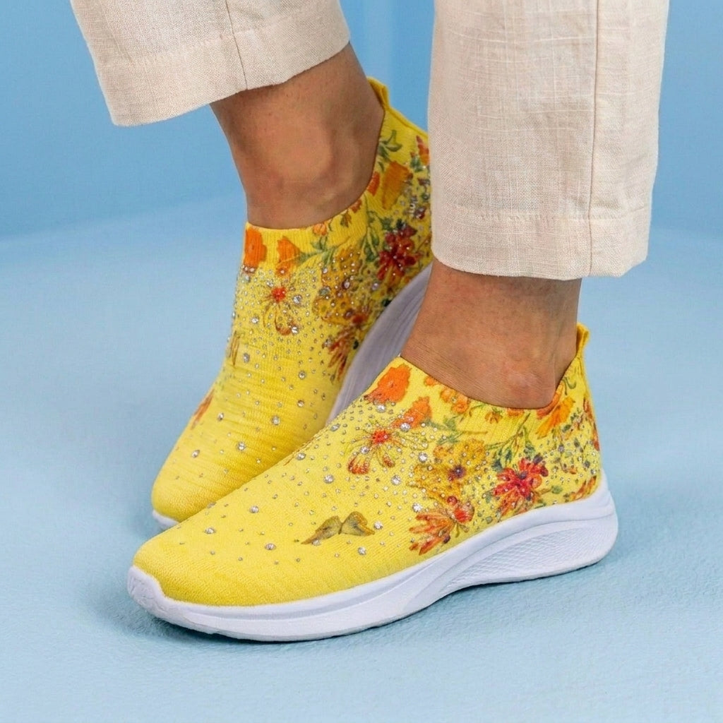 Orthopedic Knit Slip-On Sneakers - Butterfly & Floral Print & Crystal Embellishments