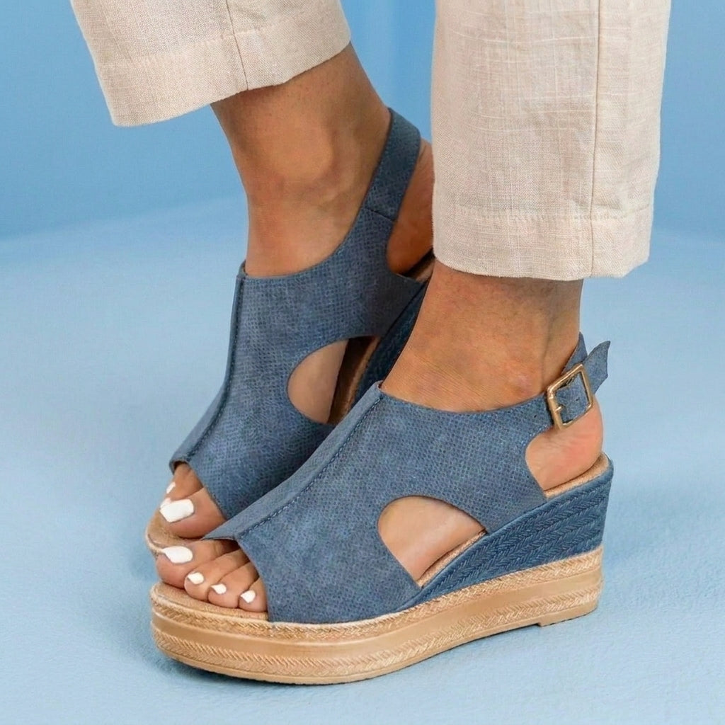 Orthopedic Platform Wedge Sandals - Espadrille Trim & Buckle Strap