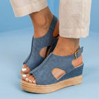 Orthopedic Platform Wedge Sandals - Espadrille Trim & Buckle Strap
