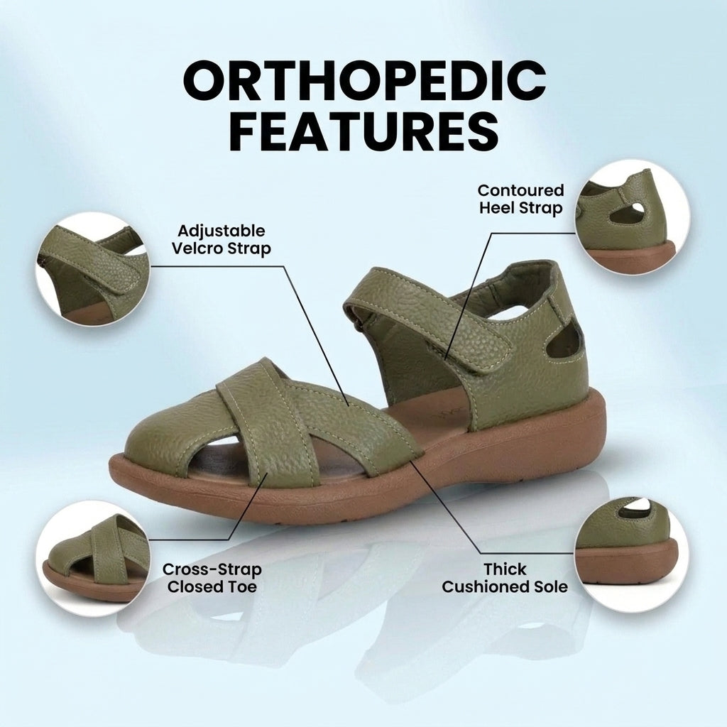 Orthopedic Leather Cross-Strap Comfort Sandals – Cushioned Open Toe