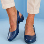 Orthopedic Leather V-Cut Block Heel Pumps - Topstitch Detail