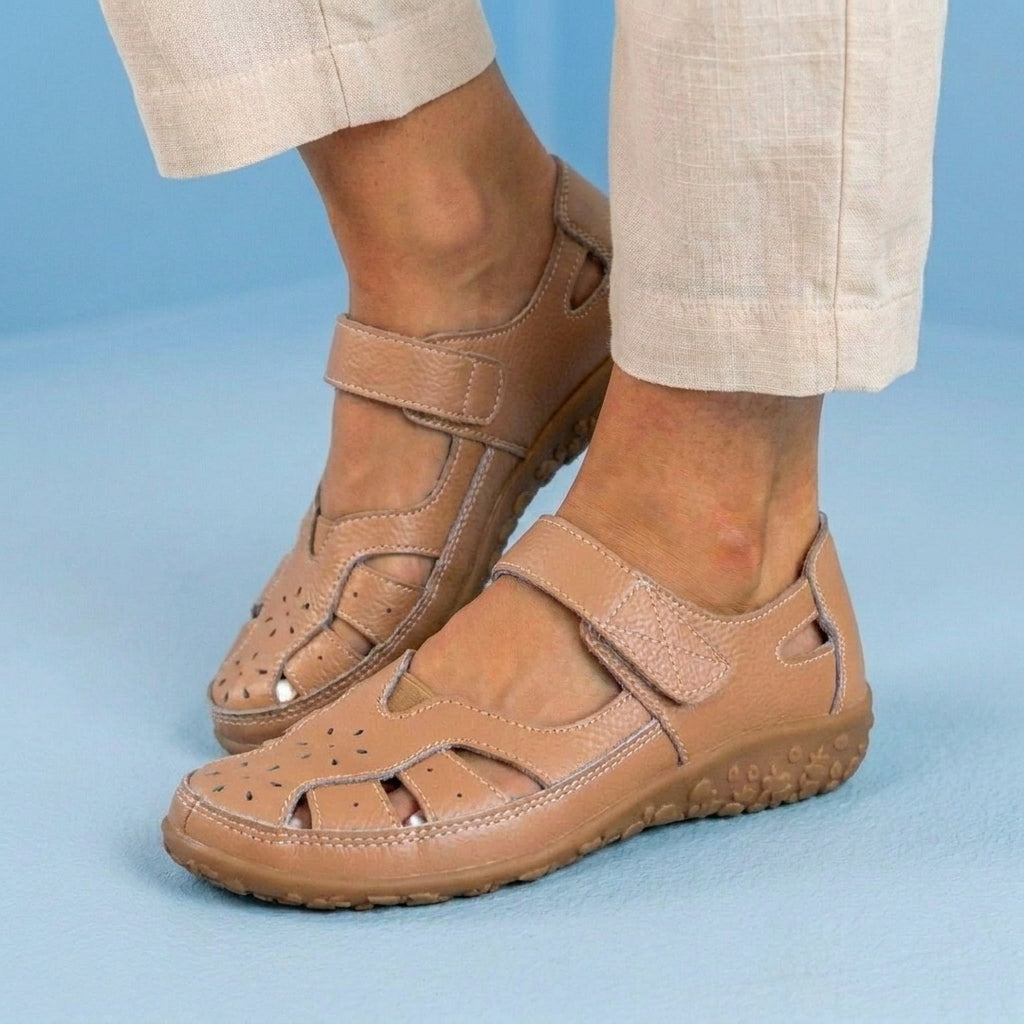 Orthopedic Leather Mary Jane Sandals - Perforated Design & Grip Sole