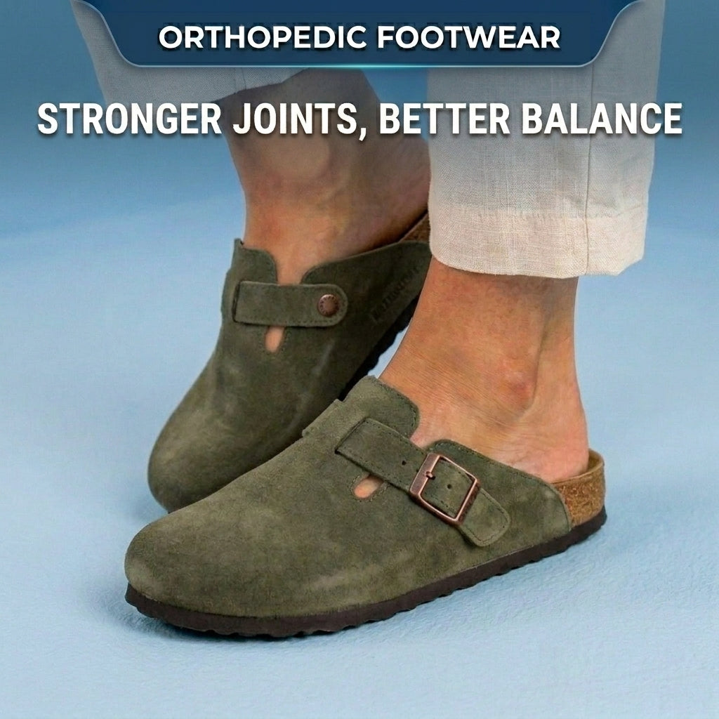 Orthopedic Suede Cork Footbed Clogs - Single Buckle Detail
