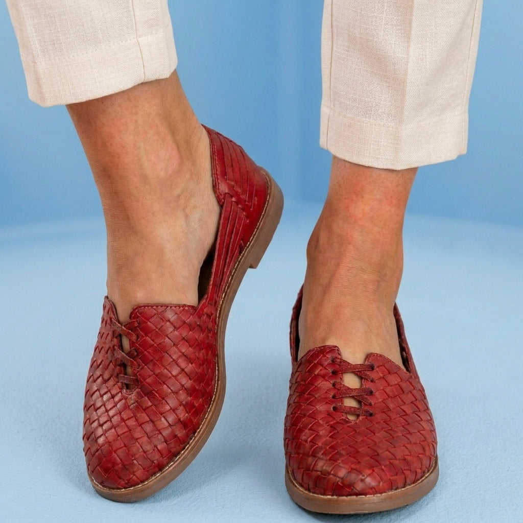 Orthopedic Leather Woven Slip-On Flats - Basketweave Cutout Detail