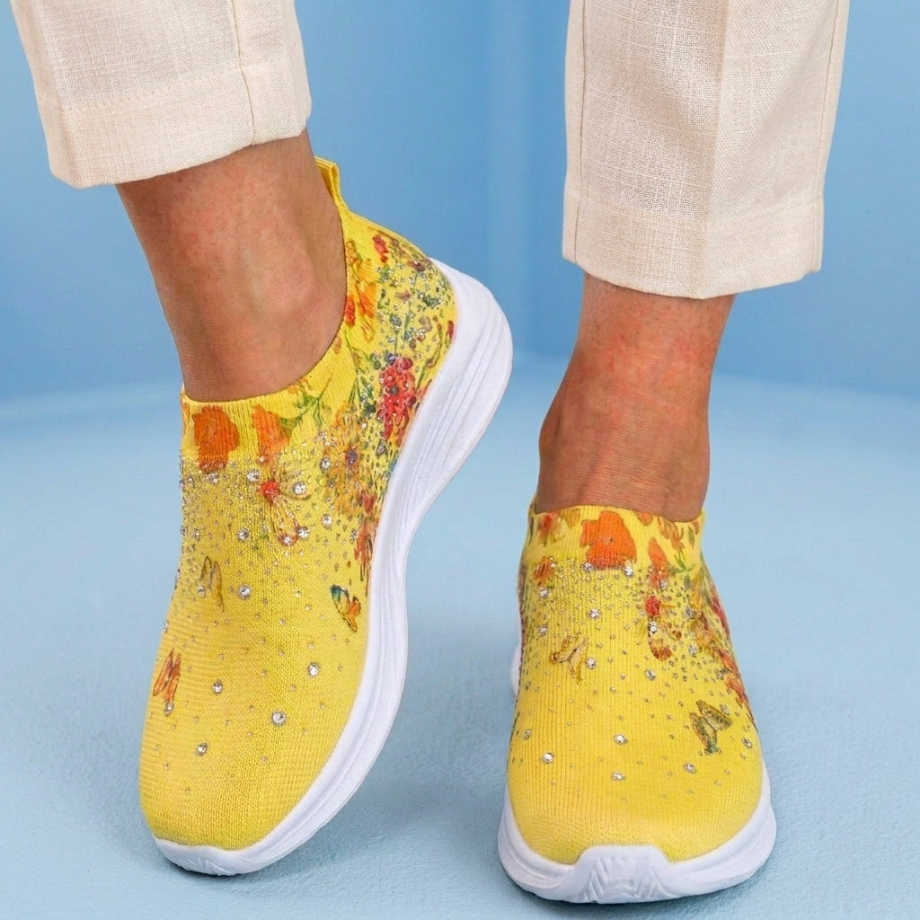 Orthopedic Knit Slip-On Sneakers - Butterfly & Floral Print & Crystal Embellishments