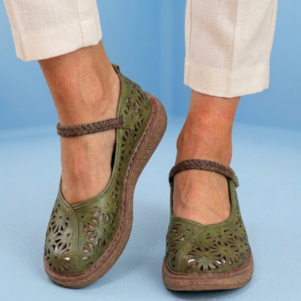 Orthopedic Leather Laser-Cut Flats - Braided Ankle Strap