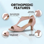 Orthopedic Linen Block Heel Sandals - T-Strap Peep-Toe Desig