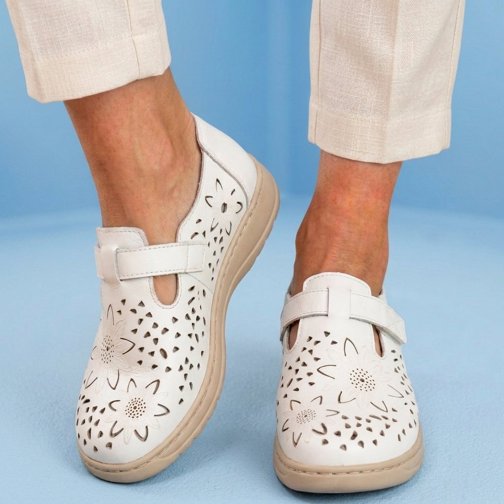 Orthopedic Leather Perforated Mary Janes - Floral Cutout T-Strap