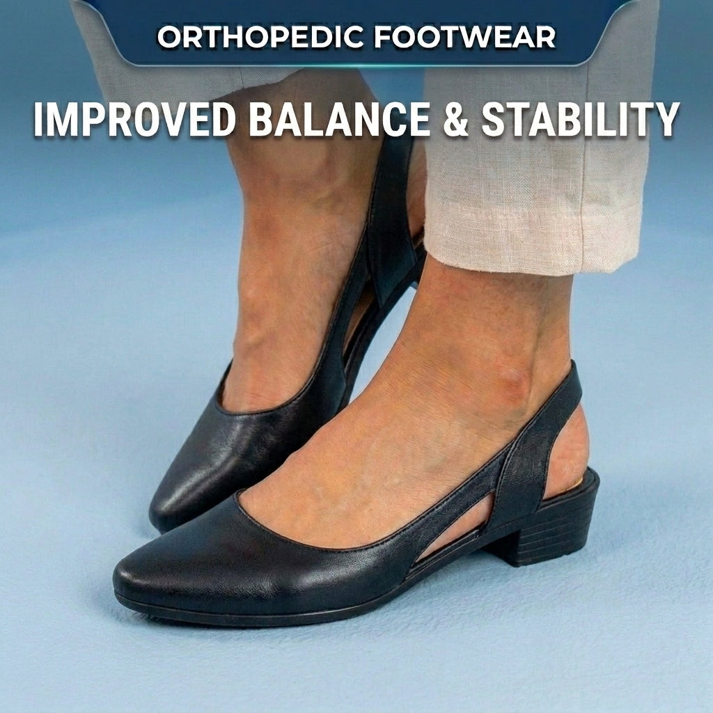 Orthopedic Leather V-Cut Block Heel Pumps - Topstitch Detail