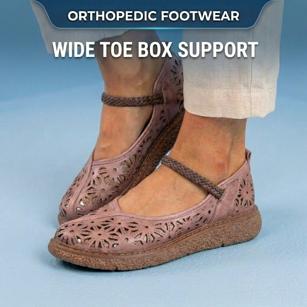 Orthopedic Leather Laser-Cut Flats - Braided Ankle Strap
