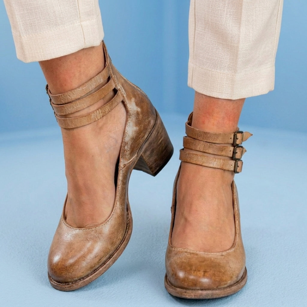 Orthopedic Leather Ankle Boots - Block Heel Double Buckle Strap