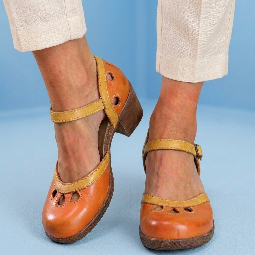 Orthopedic Leather Color-Block Mary Janes - Cutout Pattern & Dual-Buckle