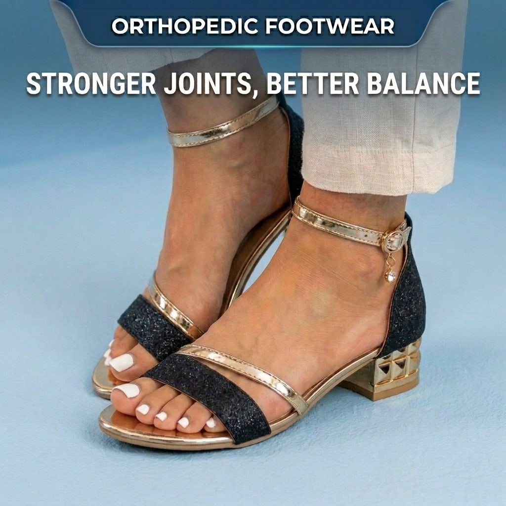 Orthopedic Glitter Ankle Strap Sandals - Metallic Accent & Studded Low Heel