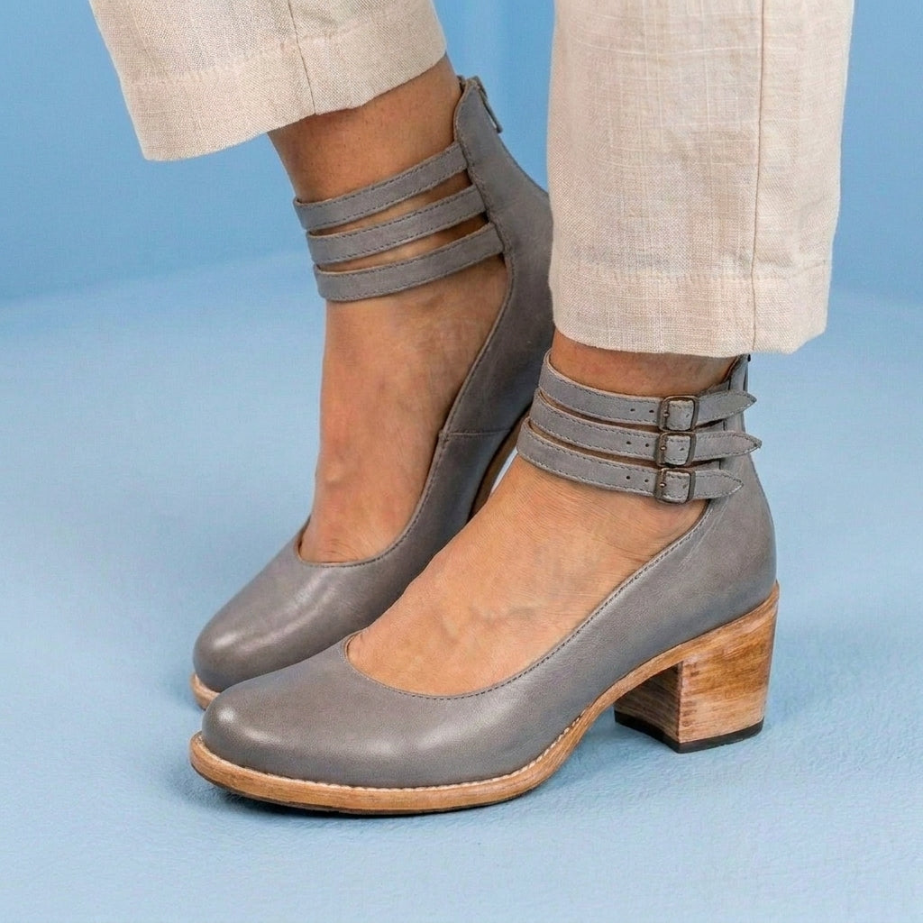 Orthopedic Leather Ankle Boots - Block Heel Double Buckle Strap