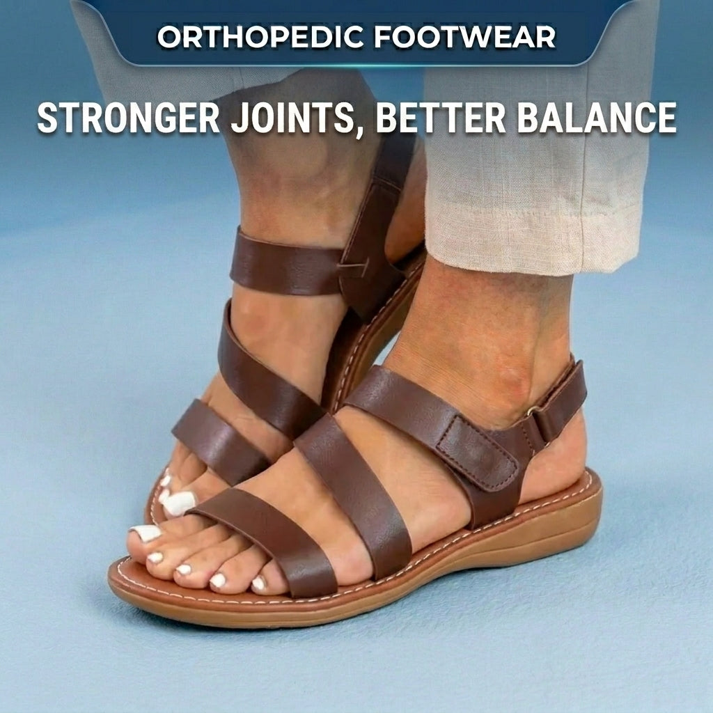 Orthopedic Leather Multi-Strap Sandals - Triple Buckle Closure