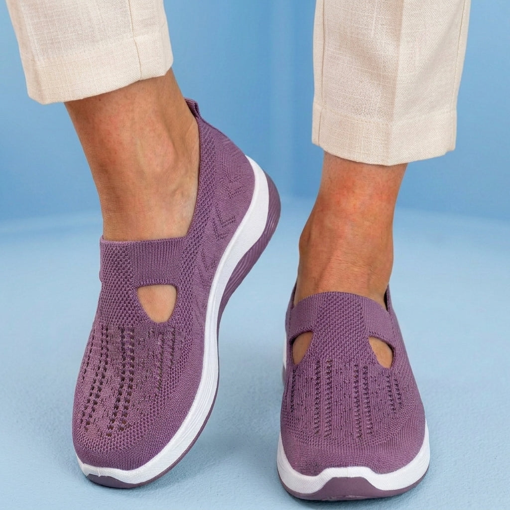 Orthopedic Knit Slip-On Wedge Sneakers - Cutout Teardrop Design & Rocker Sole