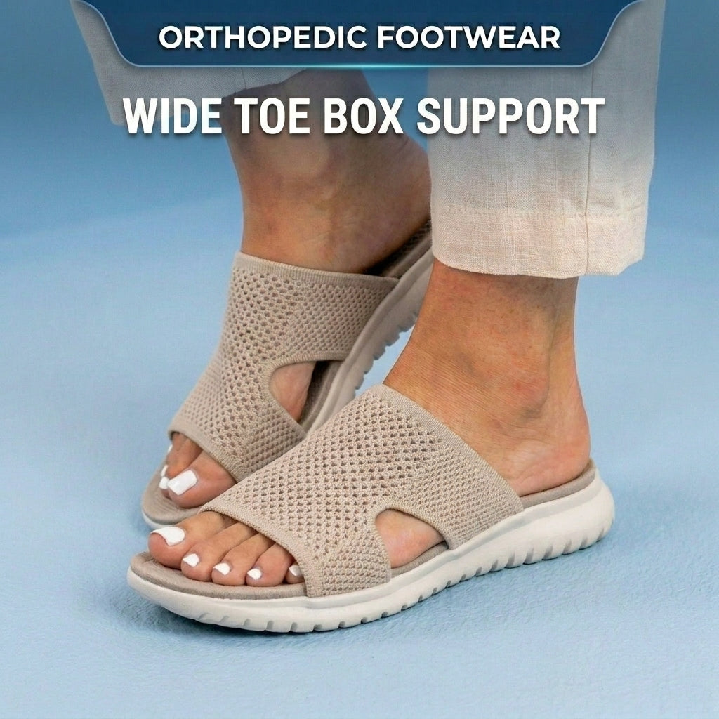 Orthopedic Knit Slide Sandals - Wide Cutout Band Design & Breathable Mesh Construction