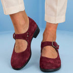 Orthopedic Suede Mary Jane Block Heels - Ring Buckle & Cutout Detail