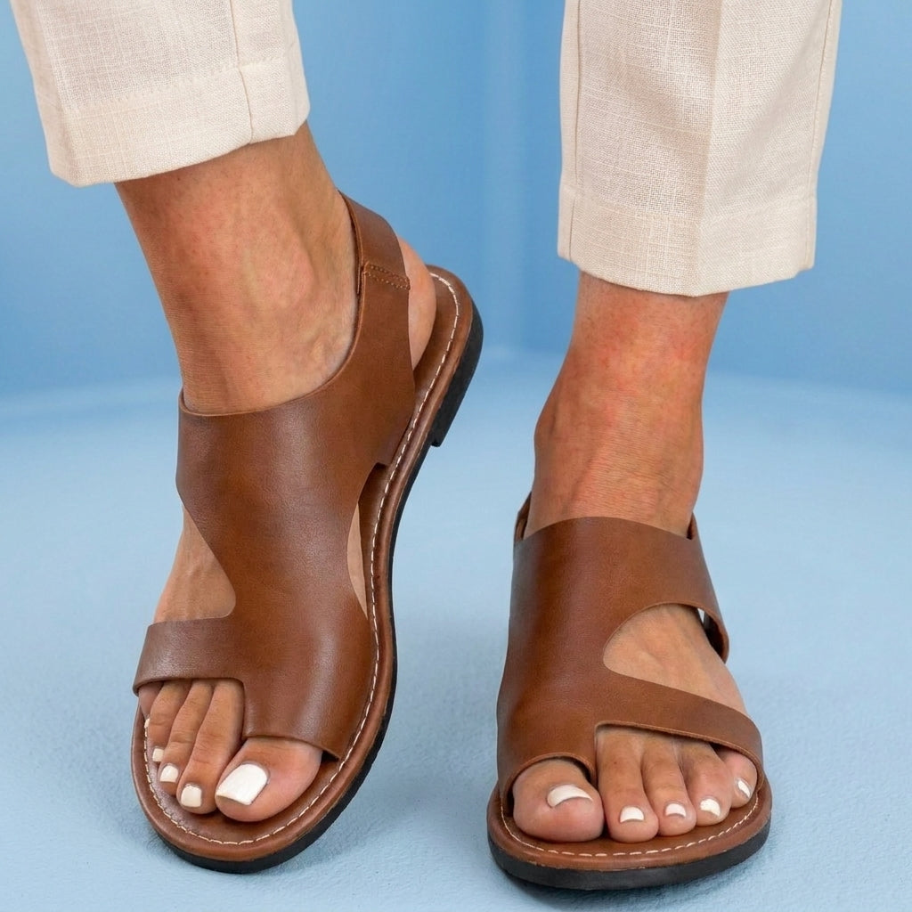 Orthopedic Leather Cutout Slide Sandals - Asymmetric Open Toe Design