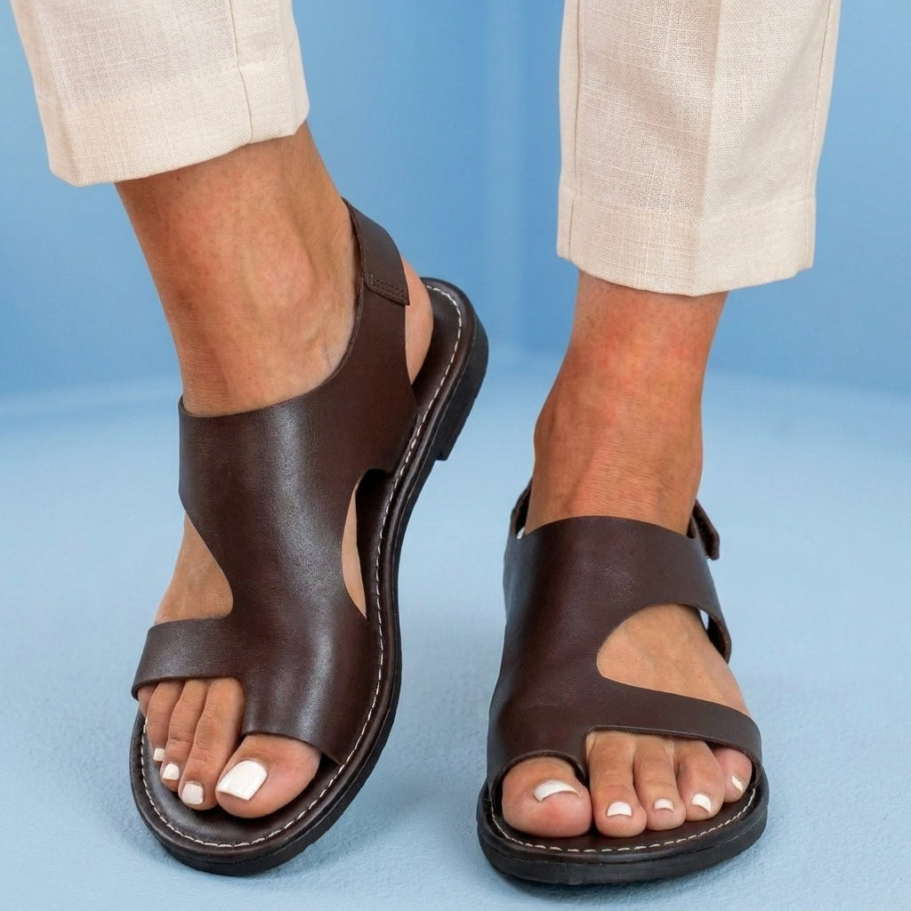 Orthopedic Leather Cutout Slide Sandals - Asymmetric Open Toe Design