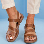 Orthopedic Leather Multi-Strap Sandals - Triple Buckle Closure