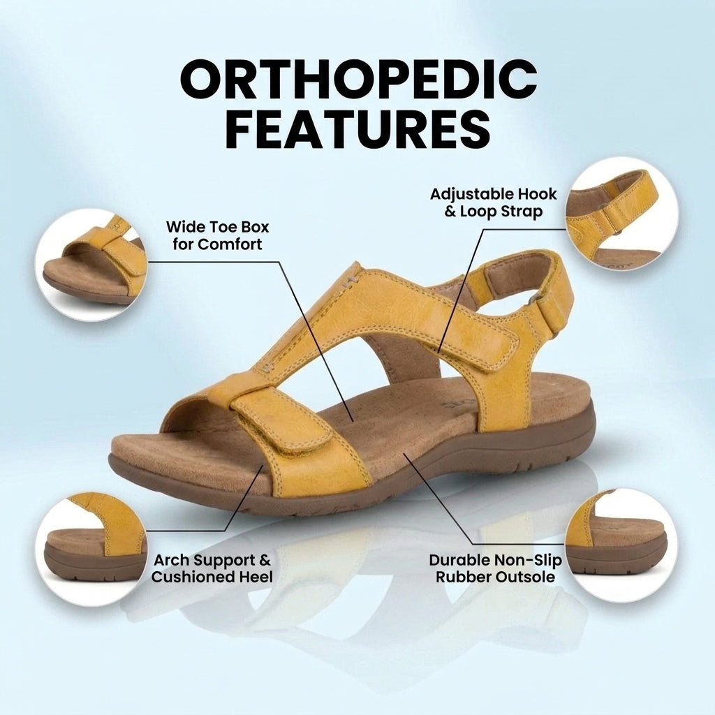 Orthopedic Leather Ankle-Strap Sandals - Contoured T-Bar Cork Footbed