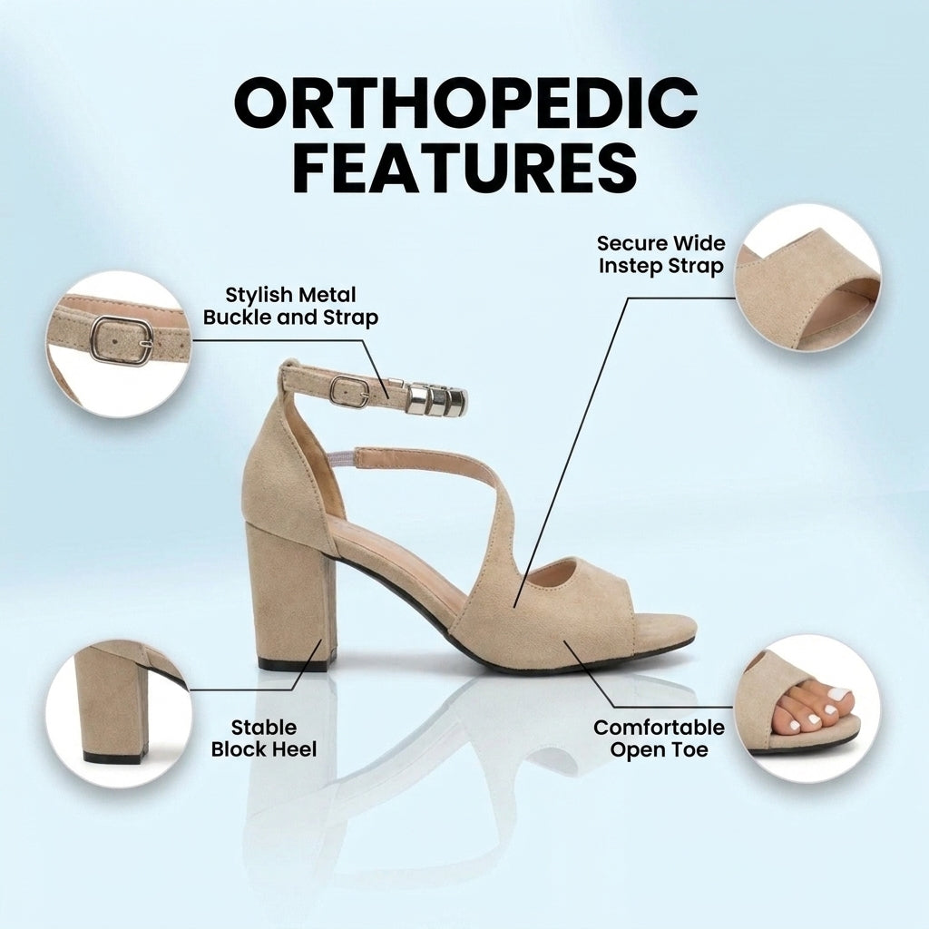 Orthopedic Suede Block Heel Sandals - Metallic Beaded Ankle Strap
